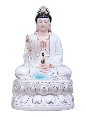 戴玉堂 陶瓷《坐古莲观音菩萨 描金莲花》家用观世音佛像供奉摆件