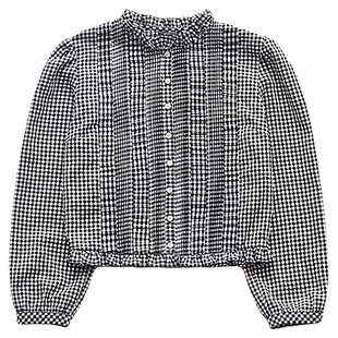 现货！赵美延同款木耳边格纹衬衫春新款韩国单排扣白色长袖上衣女