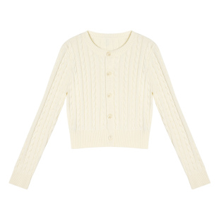 pusumede 首尔画展 圆领麻花毛衣开衫女复古短款宽松气质针织上衣