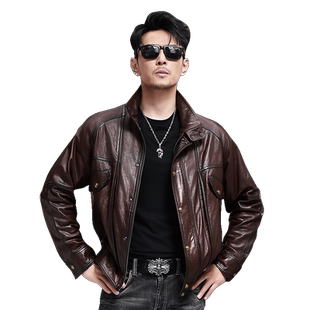 春秋时尚新款优质山羊皮外套男士真皮皮衣宽松短款潮流机车皮夹克
