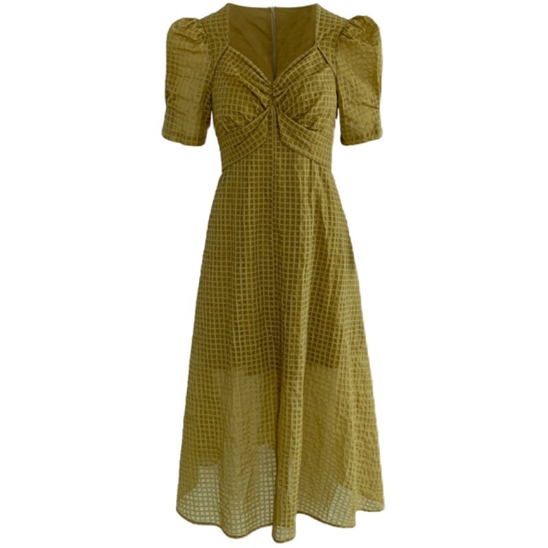 FT GUOGE泡泡袖连衣裙2022年夏季新款V领收腰显瘦气质女神范长裙