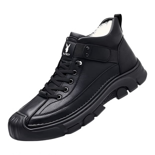 花花公子男鞋2025秋冬款加绒运动高帮休闲皮鞋子真皮羊毛棉鞋男款