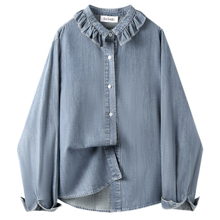 百搭时尚娃娃领设计感衬衫女春季新款韩系减龄洋气休闲牛仔上衣潮