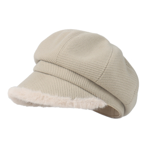 2025新款毛绒边八角帽子女秋冬季日系高级感贝雷帽加厚保暖报童帽