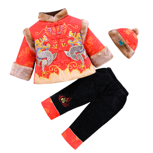 儿童唐装过年拜年衣服1-2-3-抓周岁男童加厚冬装宝宝保暖套装汉服