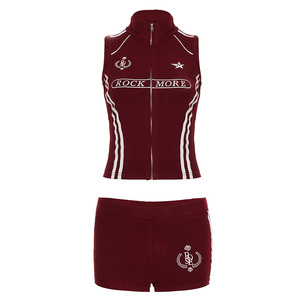 WEEKEEP 美式街头字母印花拉链立领无袖背心紧身低腰运动跳舞短裤