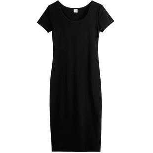 黑色长款短袖连衣裙女夏季大码修身显瘦圆领休闲过膝包臀打底裙子