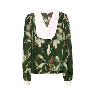 港风美人~复古港风拼接大翻领春秋季明媚感穿搭花色长袖女衬衫