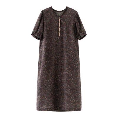 直筒裙苎麻碎花木耳边