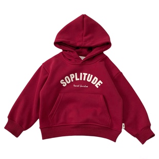 男童一体绒连帽卫衣洋气秋冬装儿童新年红色上衣中小童时尚套头衫