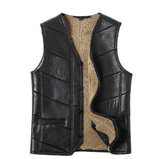 新款皮毛一体V领马甲中年真皮衣男款加厚马夹坎肩羊背心无袖外穿