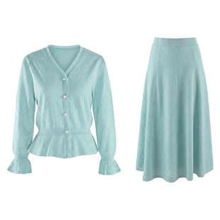 马天奴2026春新款V领针织衫半身裙时尚两件套装收腰上衣a字长裙子