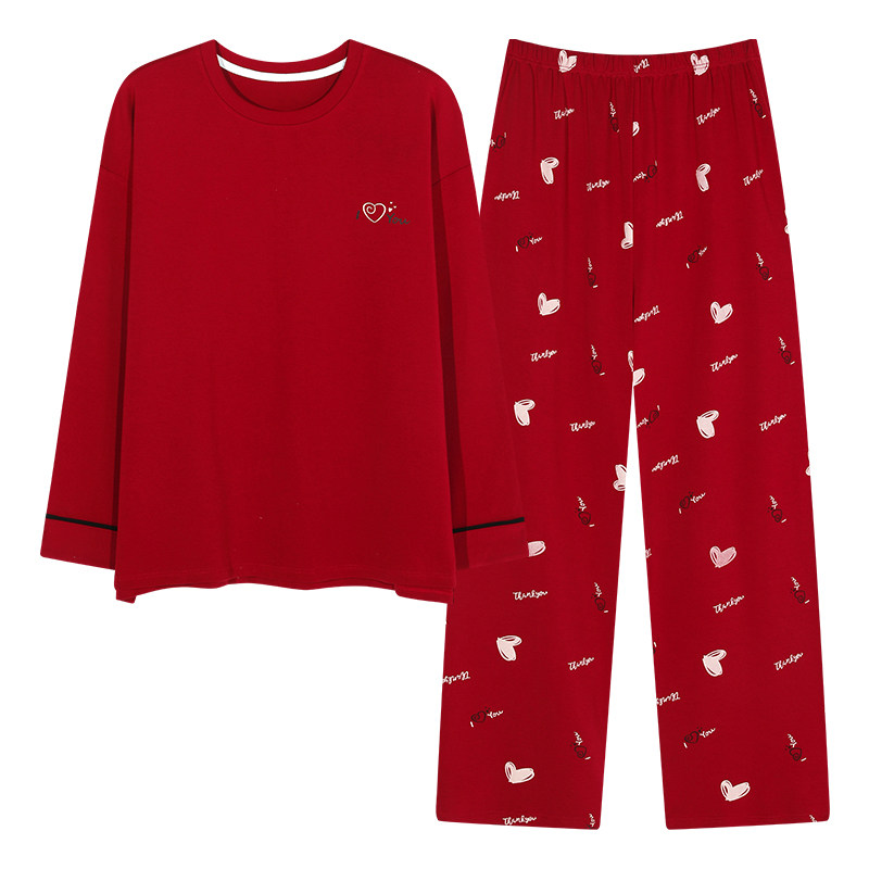 纯棉女长袖本命年红色家居服套装
