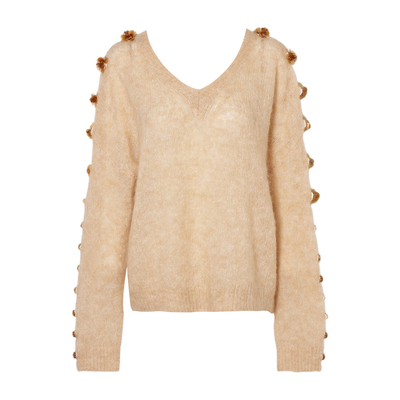 DPLAY【黑标】2025年秋季卡其色毛衣女V领花朵马海毛优雅针织衫