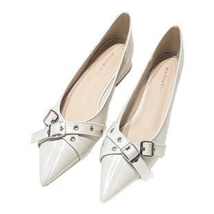 欧洲站复古法式平底鞋2025新款设计感尖头皮带扣浅口粗低跟单鞋女