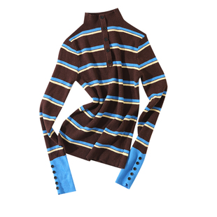 大于诗集 条纹公式 撞色条纹针织衫女长袖立领修身显瘦打底衫上衣