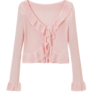 乐町清甜风波浪边长袖开衫春夏修身清凉针织衫可爱上衣甜美罩衫