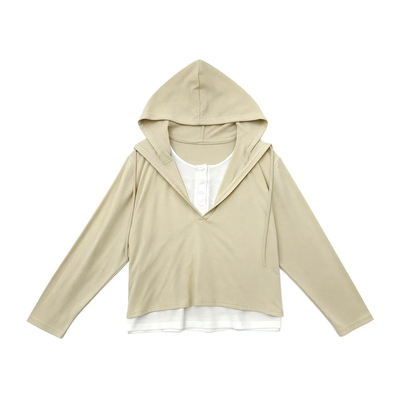 假两件叠穿V领长袖显瘦连帽t恤