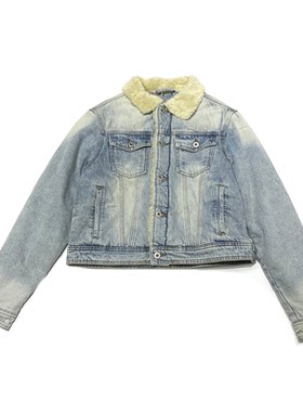 CCA自制设计感羔羊绒翻领夹棉牛仔外套浅蓝色加厚牛仔棉服夹克女