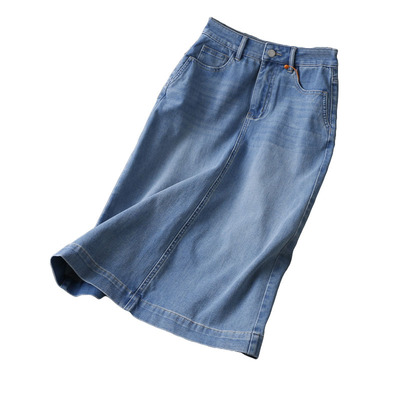 恣意女人味~休闲高腰显瘦后开衩复古水洗蓝小A字弹性棉牛仔半身裙