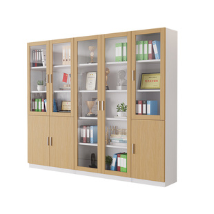 原木带锁带玻璃门办公室柜子档案储物柜收纳a4文件资料柜背景书柜