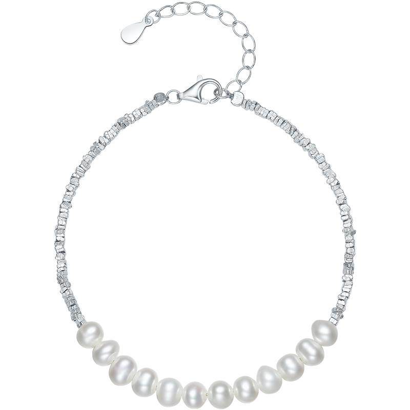 周六福碎银子几两手链女S925银淡水珍珠手饰优雅女神节礼物送女友