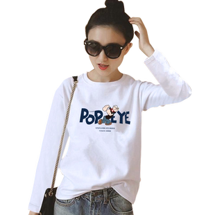 正肩女t恤长袖纯棉宽松白色体恤内搭打底衫女春秋季新款女士上衣