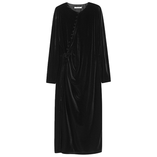 LANCY/朗姿2025冬新款新中式气质丝绒长裙黑色收腰圆领长袖连衣裙