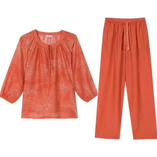 秋鹿【门店清仓仅剩M码】长袖睡衣女春夏薄款圆领印花梭织丝绵