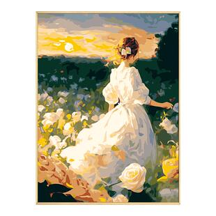 花园风景数字油画diy填充填色手工绘高级感少女丙烯油彩画装饰画