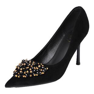 苏妃妃2026新款水钻黑色不累脚高跟鞋女细跟尖头气质高级职业单鞋