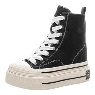 红色高帮帆布鞋女2025新款软底不累脚小个子12cm加绒厚底高帮鞋