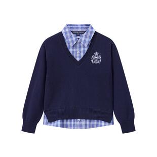 TeenieWeenie Kids小熊童装26春款女童假两件格纹拼接衬衫领毛衣