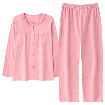 睡衣女纯棉长袖圆领开衫春秋