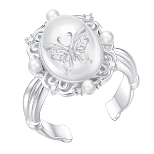 Songette「美神降临」复古原创设计小众白水晶蝴蝶纯银开口戒指女