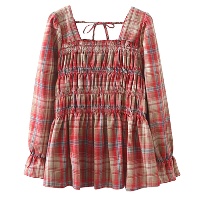 大码韩版方领长袖格子衬衫