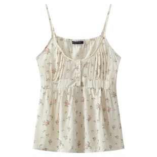 BM碎花少女吊带 甜欲风三粒扣V领花边收腰系带夏季小背心上衣新款