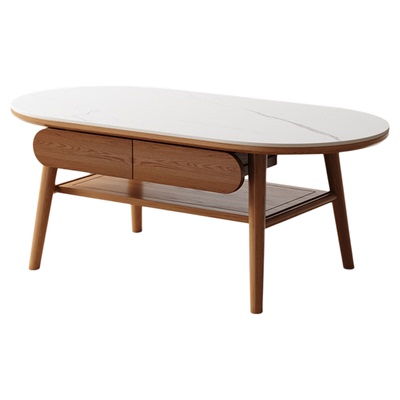 椭圆形岩板实木茶几家用