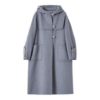 连帽女中长款双面羊绒大衣灰色2024年秋冬新款高级感毛呢大衣外套