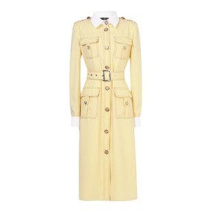 2026春季新款时尚贴袋休闲风撞色系带修身长款A版连衣裙