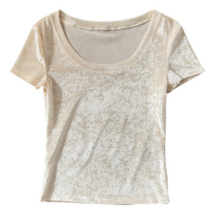 高级感冰丝大圆领短袖T恤女2025新款微透正肩网纱上衣内搭打底衫