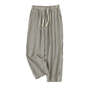 黑白条纹休闲裤女夏季薄款高腰宽松冰丝泡泡邹哈伦直筒九分萝卜裤