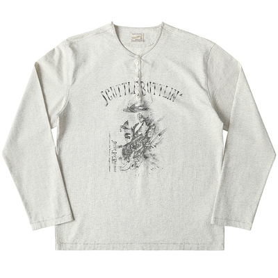 VTG系列250克SRV蓝调摇滚乐队全棉花灰亨利领长袖T恤 MBBCAR窄幅