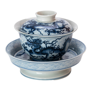 满彩青花瓷龙纹盖碗|复古高足托盘大号泡茶碗陶瓷中式功夫茶具