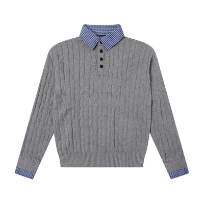 美式高街翻领绞花假两件毛衣