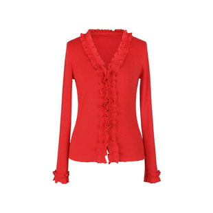 SEEKSIMPLE V领立体花边针织开衫秋季荷叶卷边袖口长袖线衫短外套