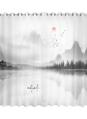新中式水墨山水画窗帘高端纱帘