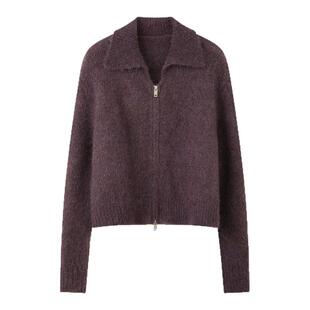 solighter 法式复古羊驼毛翻领拉链针织开衫女秋冬新款短款毛衣