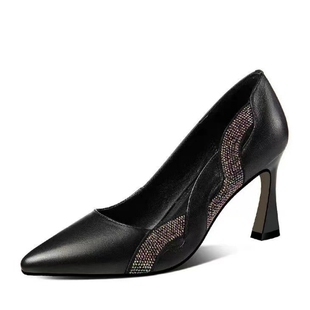 真皮气质浅口尖头高跟单2023秋冬新款酒杯跟鞋纯色水钻日常百搭