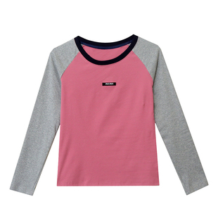 秋季粉色插肩长袖t恤女装秋冬2025年新款拼色上衣打底衫内搭洋气